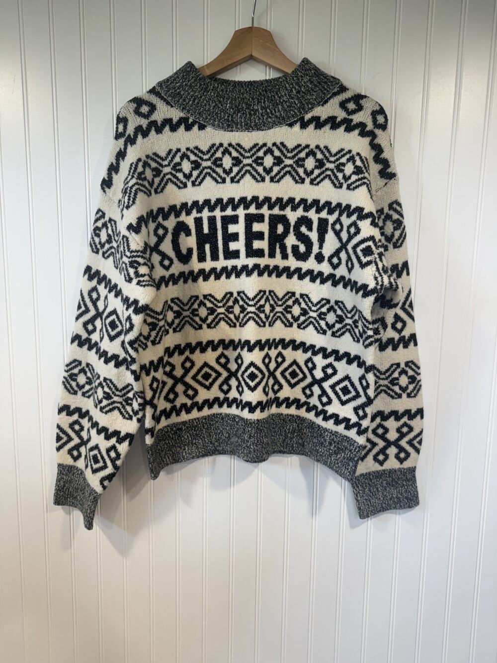 A New Day Cheers Women's Med Black White Crew Neck Pullover Sweater Holiday